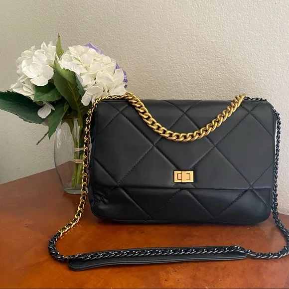 *READ Black Leather Flap Ombre Quilted Chain Crossbody Top Handle Purse Bag S4 - Picture 1 of 10
